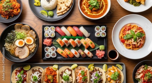 Delightful Spread with Ramen Sushi Pasta Tacos Curry and More
