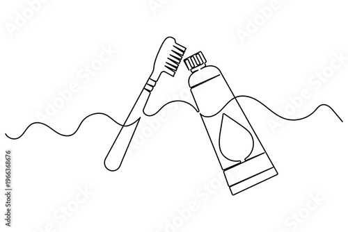 Toothbrush and toothpaste tube with leaf symbol in continuous one line art style on white