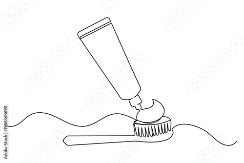 Toothbrush and toothpaste tube lying horizontally in continuous one line art style 