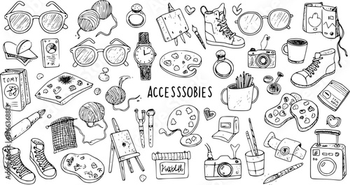 Hand-drawn collection of hobby and fashion accessories. Black and white doodle set featuring personal items, creative tools, and everyday objects as line art illustration.