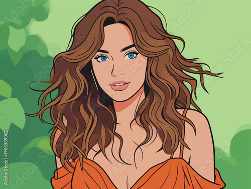 Young woman with long hair and blue eyes poses in front of green background wearing orange top in a summer setting