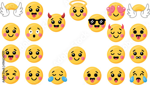 Digital cartoon emoji icon set of 13 expressive yellow faces including happy, laughing, heart-eyed, cool, winking, devil, and halo expressions