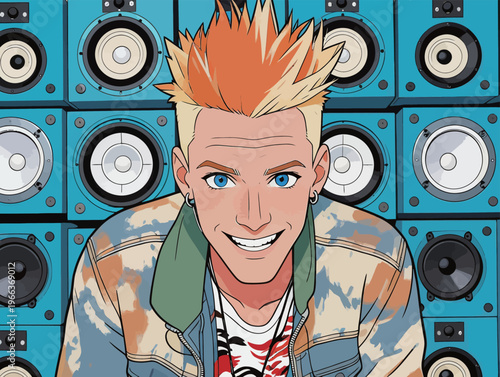 Young man with spiky hair stands in front of blue speakers, smiling and looking at the camera during a music event