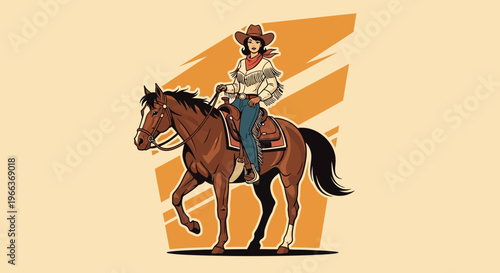 Cowgirl Riding Horse in Western Style - Retro Illustration