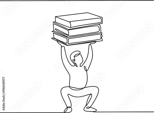 A continuous line drawing of a person squatting down while holding a stack of books overhead Vector, illustration