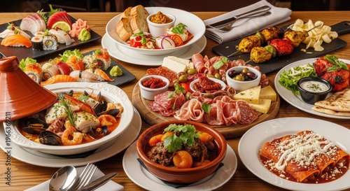 International Cuisine Assortment Featuring Sushi Tapas Stew Enchiladas