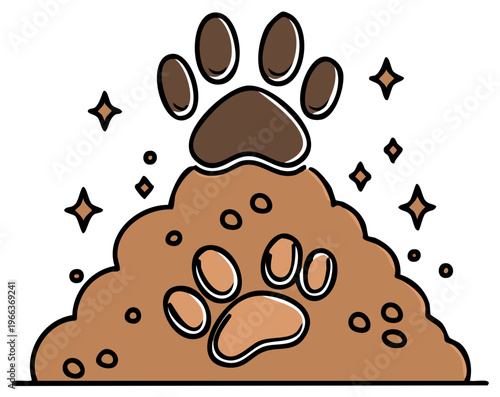 Happy dog paw prints sparkling on a mound of dry pet food kibble illustration