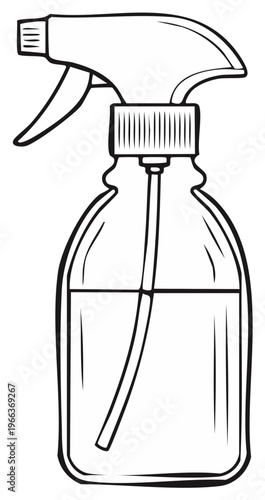 Illustration of a clear plastic spray bottle filled with liquid and a spray nozzle