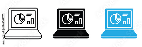 Laptop with Financial Data Analytics Chart and Graph Icon Set.Laptop computer icons with pie chart and graph on screen