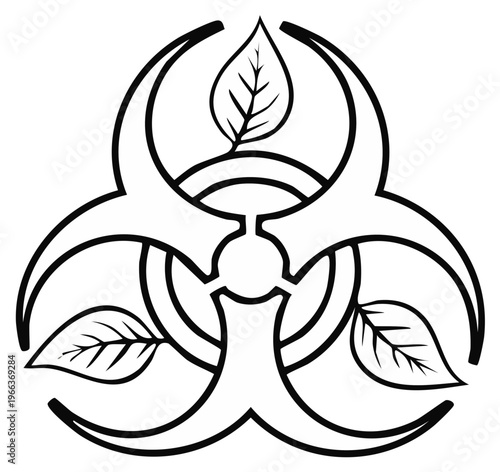 Biohazard Symbol with Leaves: Ecological Threat Sign, Eco Warning Concept, Natural Contamination Outline