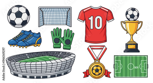 Soccer Football Equipment, Stadium, Trophy, Jersey, Ball, Cleats, Goal, Gloves, Medal