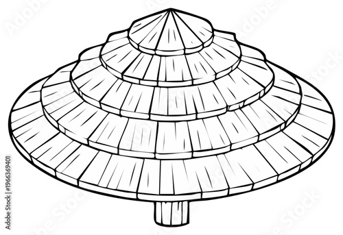 Monochrome Vector Outlined Asian Pagoda Roof Simple Line Art Illustration Building Structure with Shingled Layers