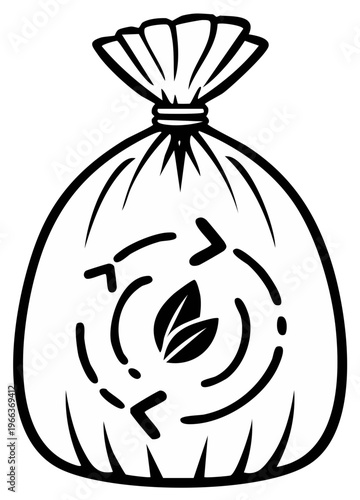 Closed clear trash bag icon with recycle symbol containing leaves, black and white line drawing emphasizing eco friendly waste disposal