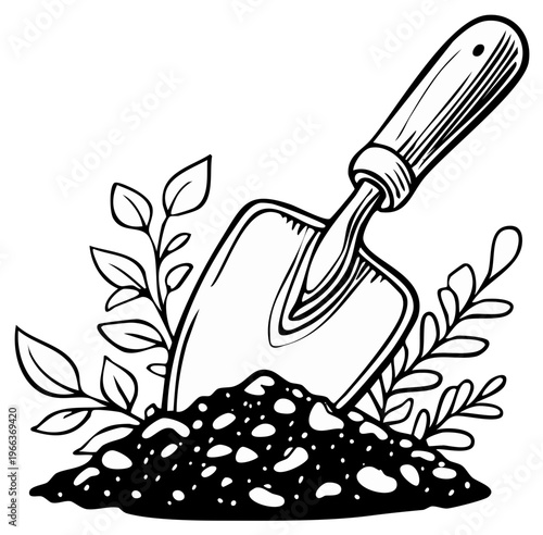 Black and white sketch of a garden trowel digging into soil surrounded by leafy plants