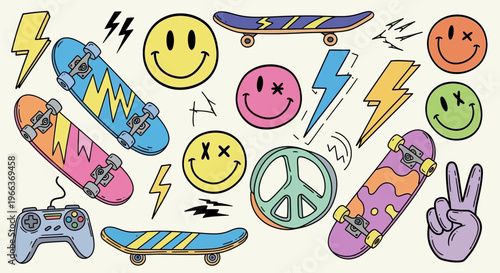 Retro Skateboard and Smiley Face Doodle Art Collection