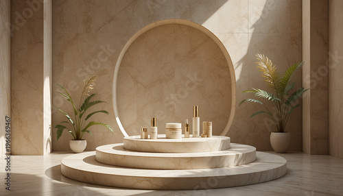 A serene and modern display of luxury skincare products in a minimalist setting