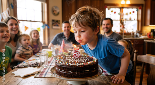 Young boy blowing out number five candle on chocolate birthday cake. Family celebrating fifth birthday party at home. Happy child making a wish with name Peter on cake