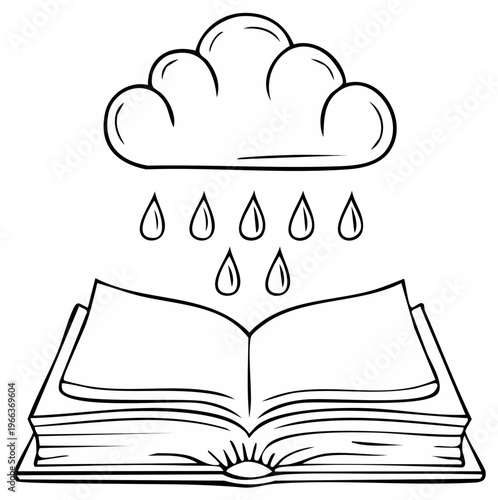 Open book receiving falling rain from a cartoon cloud illustration