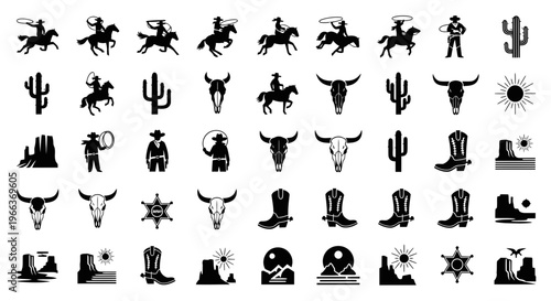Wild West Cowboy Icon Set: Horses, Cacti, Boots, Skulls, Sheriff Stars