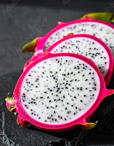 Pitaya dragon fruit macro on volcanic stone