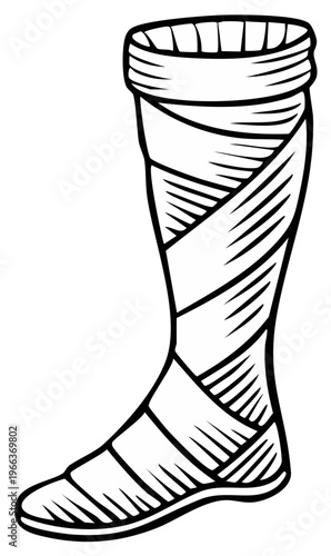 Injured Leg: Line Art of Limb Wrapped in Bandages for Sprain or Fracture Treatment Illustration