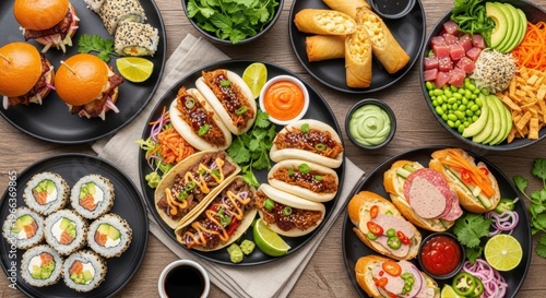 Variety of Asian Inspired Dishes Flat Lay on Wooden Table