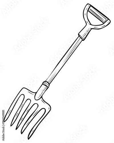 Line drawing of a garden pitchfork with handle, illustration, tool, agriculture.