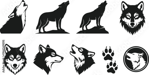 Wolf silhouette set howling wolf head logo wild animal predator icon pack nature wildlife vector illustration collection
