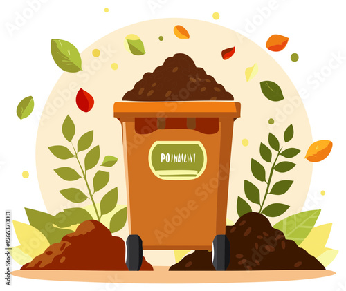 Compost bin overflowing with rich dark soil surrounded by leaves and plants