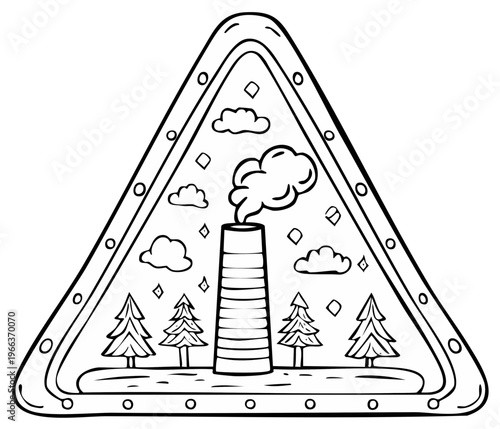 Industrial Chimney in Snowy Landscape Framed by Geometric Border for Coloring Page or Design Element