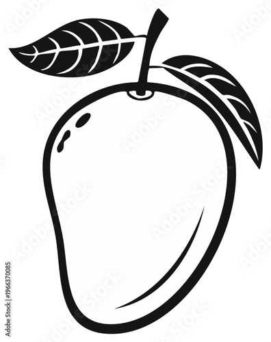 Stylized Black and White Mango Fruit with Leaves Simple Outline Graphic