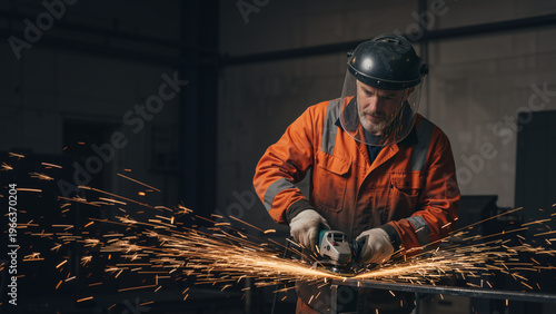 Industrial worker using angle grinder on metal beam. Professional man in orange jumpsuit and face shield grinding steel in workshop. Metalwork and manufacturing concept