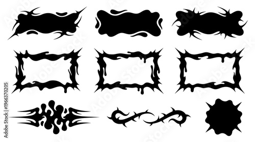 Collection of black liquid slime banners, neo tribal spiky border frames, and edgy gothic shapes. Perfect for Y2K streetwear and dark graphic design