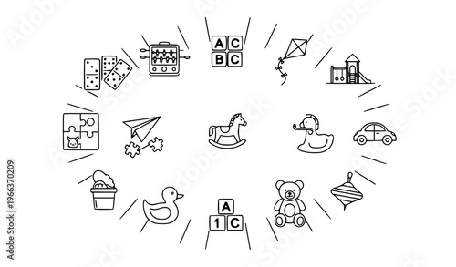 Kids toy outline icon collection with puzzle kite rocking horse and play symbols for web UI