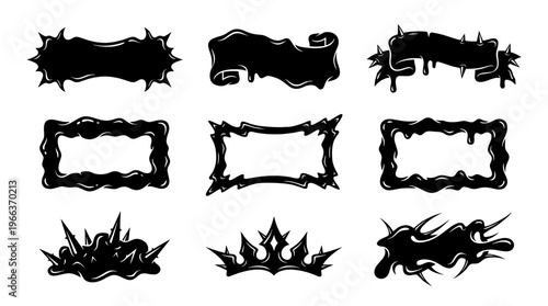 Collection of black dripping scroll banners, spiky gothic crown shapes, and liquid slime frames. Perfect for Y2K streetwear and dark graphic art