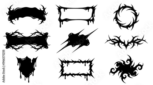 Black dripping shield badges, spiky gothic frames, and Y2K neo tribal borders set. Perfect for dark edgy streetwear and alternative graphic design