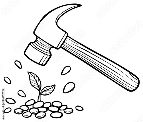 Hammer striking young plant surrounded by coins symbolizing financial destruction