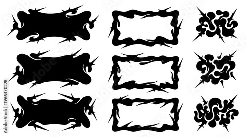 Collection of black abstract spiky banners, wavy gothic frames, and edgy liquid splash borders. Perfect for dark Y2K streetwear and graphic art