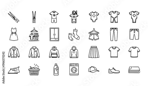 Fashion clothing outline icon collection with shirt jeans dress and wardrobe symbols for web UI