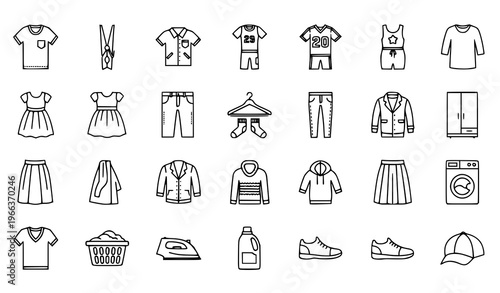 Clothes outline icon set with shirt jeans dress wardrobe and fashion apparel elements for UI design