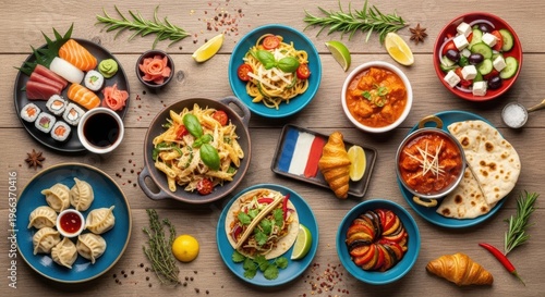 Variety of International Dishes on Wooden Table High Angle View