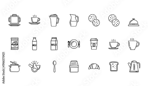 Breakfast food outline icon collection with coffee milk tray and cafe service symbols for web UI