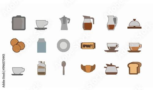 Modern breakfast line icon collection with coffee tray milk cookies and food service elements
