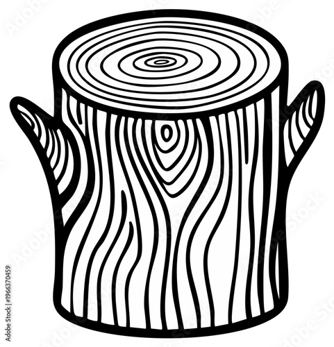 Cartoon tree stump with handles, illustration in black and white