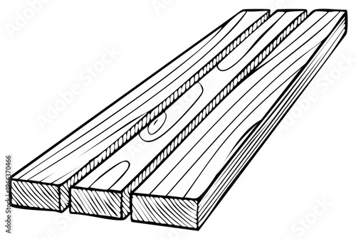 Illustration of three wooden boards aligned; lumber with wood grain and end grain texture showing linear parallel planks.