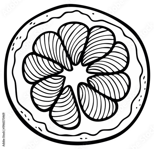 Outline illustration of a Citrus Fruit Slice. Black and White vector graphic of cut fruit for recipe, icon, menu, or logo design.