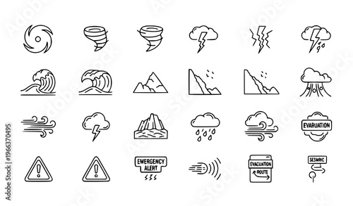 Hurricane and disaster outline icon set with tornado tsunami earthquake and emergency symbols for UI design