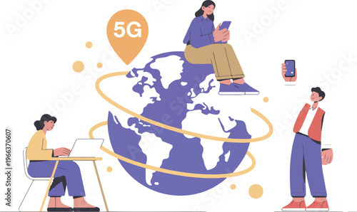 Minimalist cartoon-style 5G network illustration featuring globe with continents, location pin, and three figures using digital devices flat modern vector