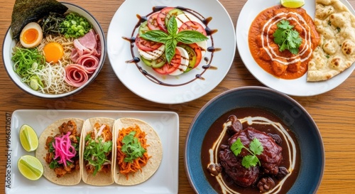 Delicious Assortment of International Dishes on a Wooden Table