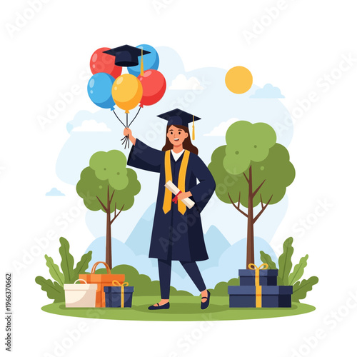 Joyful graduate with diploma and balloons celebrating outdoor achievement